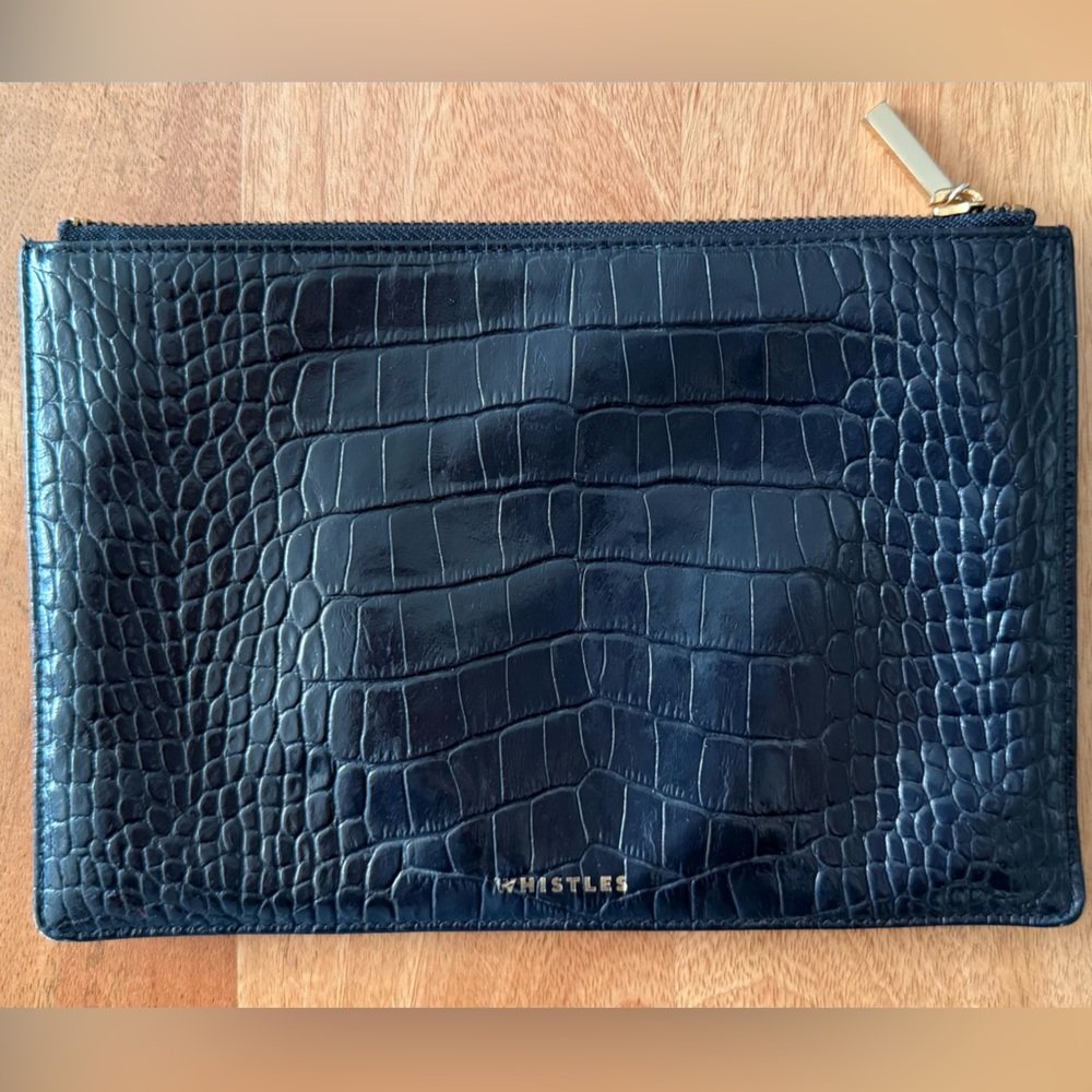 Whistles Navy Croc-Embossed Leather Pouch Clutch